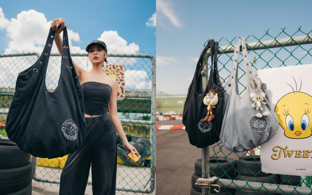 （左起）刺繡牛仔平口上衣（NT$890）、水洗寬褲（NT$1,480）、金屬釦眼流浪包（NT$1,080）。