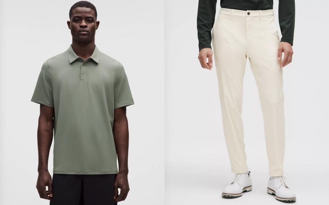 （左起）ShowZero™男⼠經典剪裁Polo衫（NT$3,480）、ABC修⾝剪裁⾼爾夫球西褲款⻑褲（NT$5,280）。