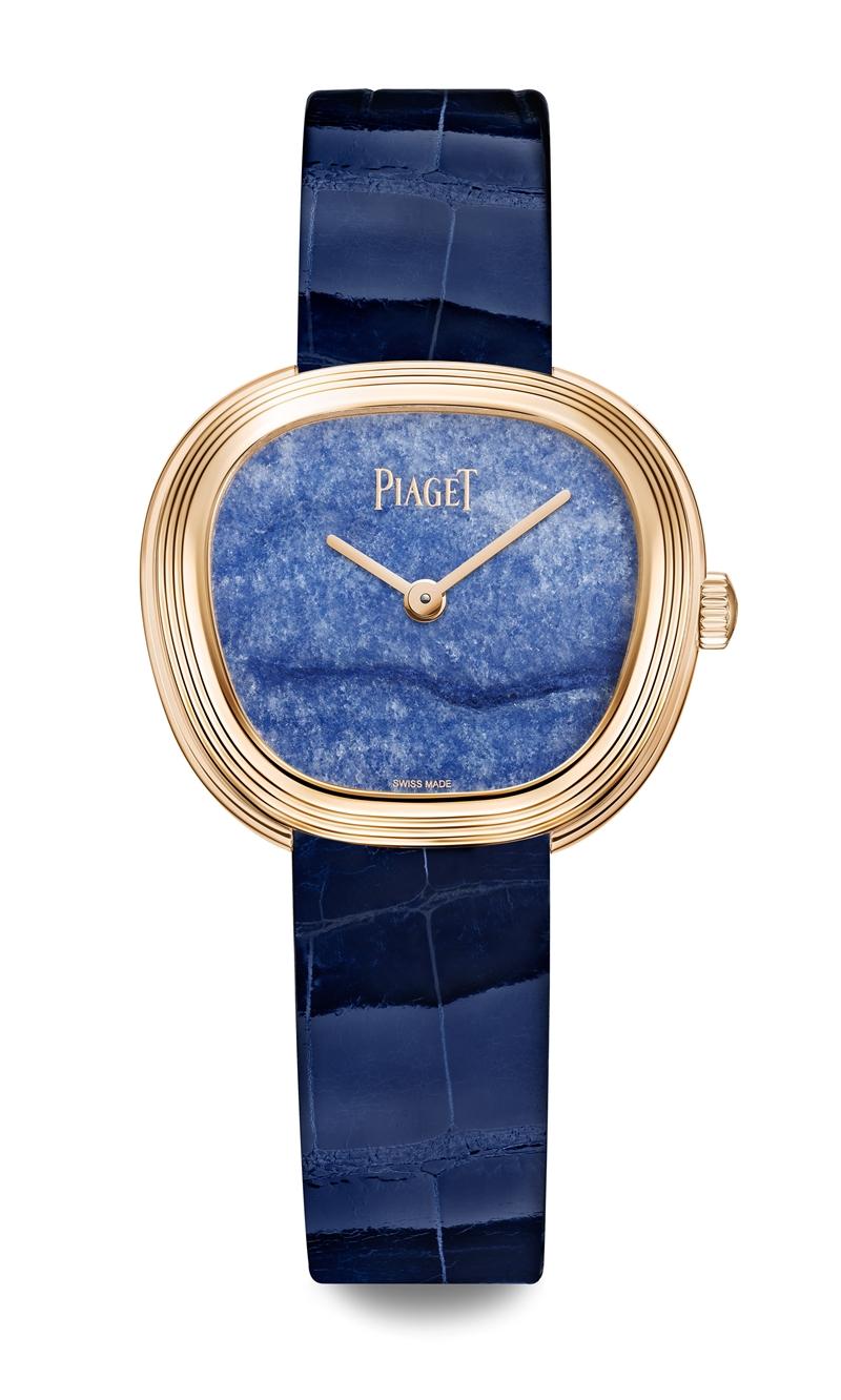 SIXTIE系列29毫米18K玫瑰金藍石英面盤珠寶腕錶，價格店洽。（PIAGET提供）