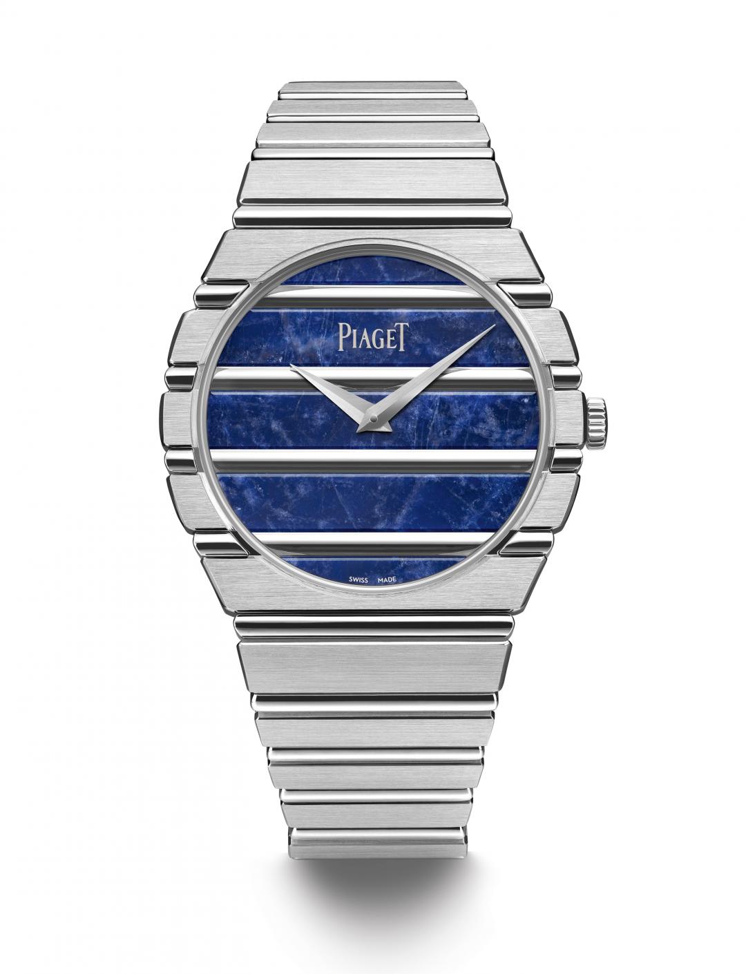 Polo 79系列18K白金方鈉石自動上鍊超薄腕錶，價格店洽。（PIAGET提供）