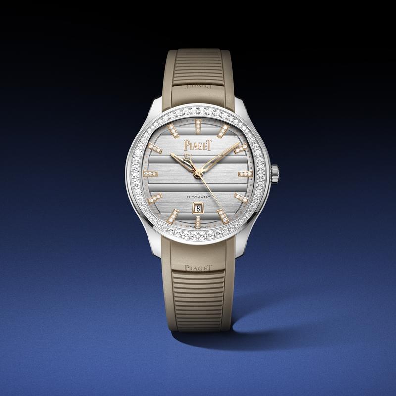Polo Signature系列36毫米銀灰色日期顯示自動上鍊鑽石腕錶，價格店洽。（PIAGET提供）