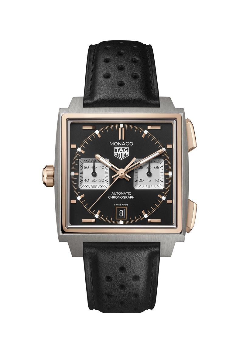 TAG Heuer Monaco左冠計時腕錶曜金黑款，搭載Calibre TH20-11自製自動上鍊計時機芯，5級鈦金屬與18K 5N玫瑰金錶殼，黑色蛋白石錶盤，時間、日期與計時功能，錶徑39mm，防水深度100米，421,000元。（TAG Heuer提供）