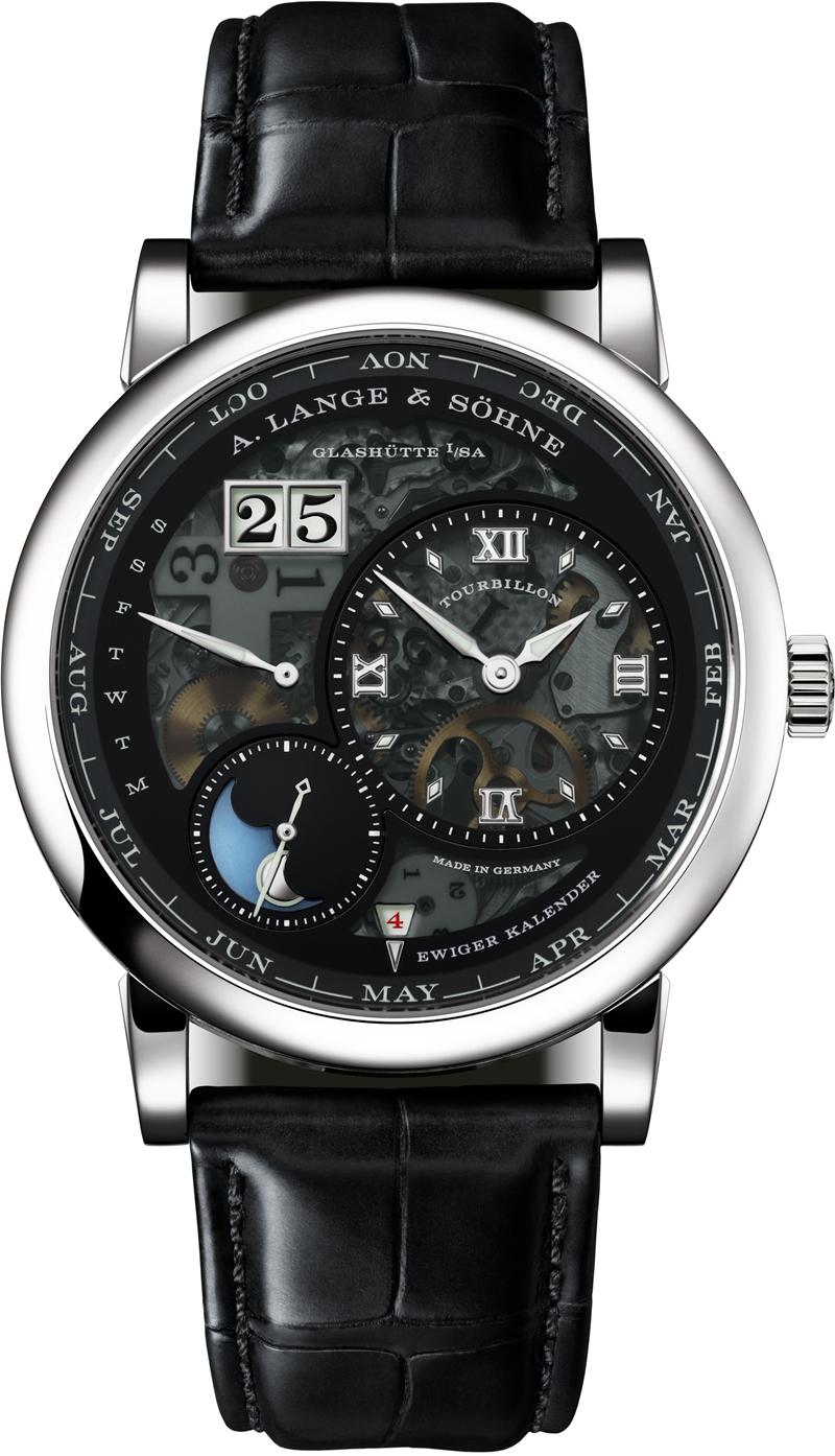 LANGE 1 TOURBILLON PERPETUAL CALENDAR “Lumen”陀飛輪萬年曆腕錶，搭載L225.1自動上鍊機芯，鉑金950錶殼結合半透明夜光錶盤，具備陀飛輪、萬年曆與月相顯示，錶徑41.9mm，動力儲存50小時，限量50只。（A. Lange & Söhne提供）