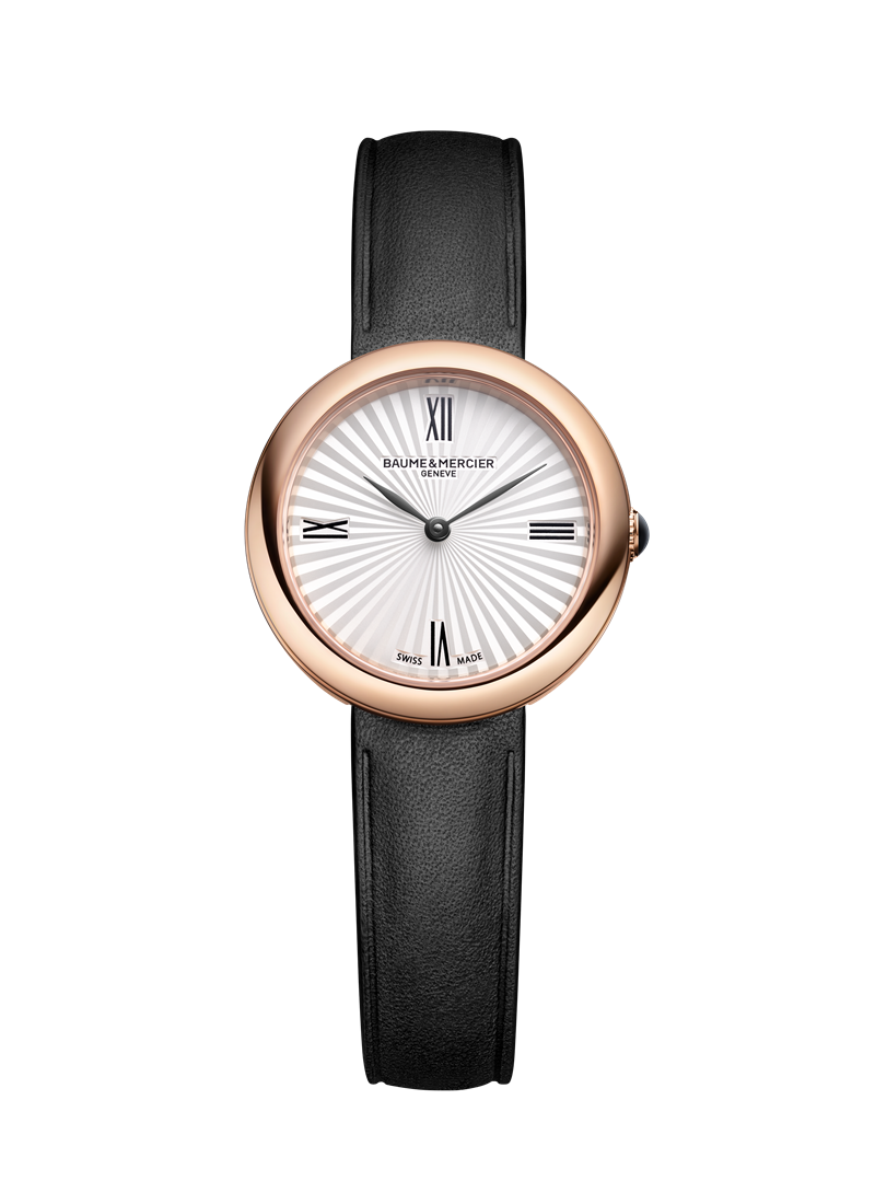 Joia系列石英腕錶，搭載Ronda 751石英機芯，PVD金色精鋼錶殼搭配黑色小牛皮錶帶，時、分顯示，錶徑28mm，防水深度50米。（Baume & Mercier提供）
