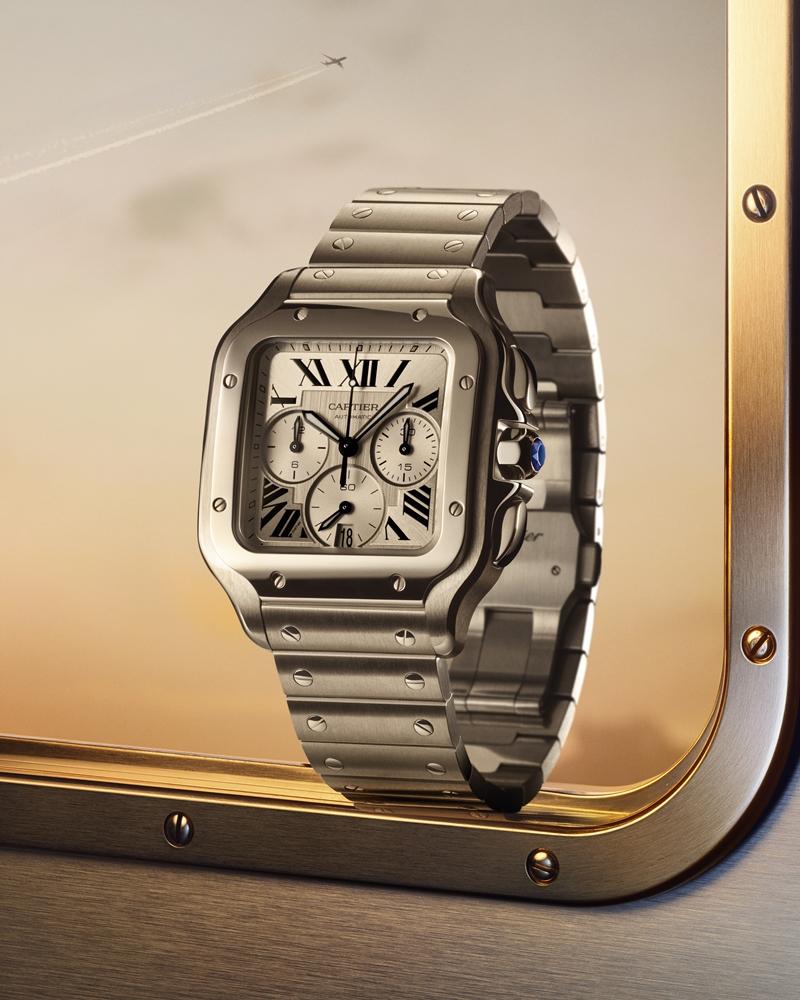 Santos de Cartier計時腕錶，自動上鍊計時機芯，精鋼錶殼與鍊帶，計時功能與日期顯示，經典方形飛行錶設計。（Cartier提供）