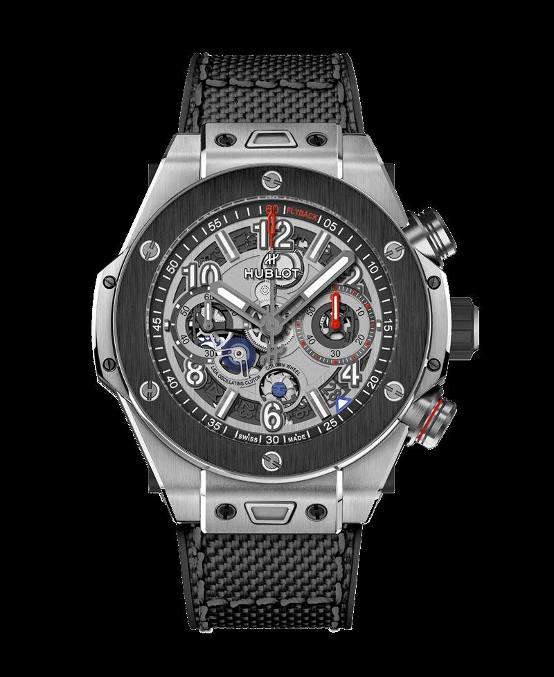 Hublot Big Bang Reloaded鈦金陶瓷計時碼錶，搭載MHUB1280 UNICO自製自動上鍊飛返計時機芯，鈦金屬與黑陶瓷錶殼，時間與計時顯示，錶徑44mm，防水深度100米，約710,000元。（Hublot提供）