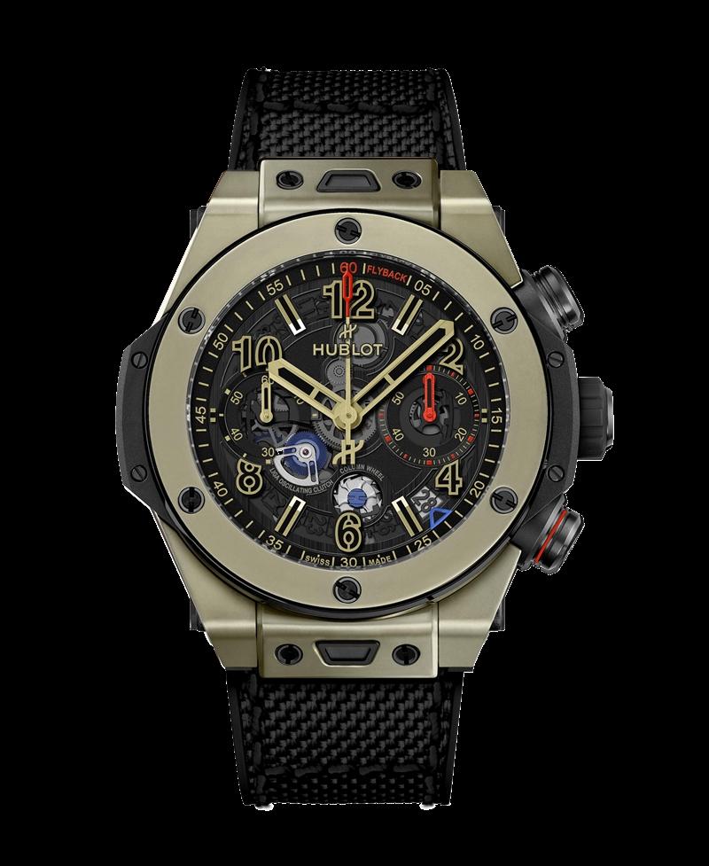 Hublot Big Bang Reloaded魔力金計時碼錶，搭載MHUB1280 UNICO自製自動上鍊飛返計時機芯，18K魔力金與黑陶瓷錶殼，時間與計時顯示，錶徑44mm，防水深度100米，約1,316,000元。（Hublot提供）