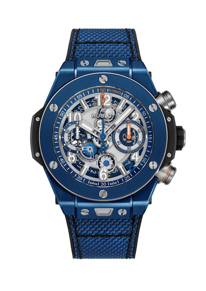 Hublot Big Bang Reloaded藍陶瓷計時碼錶，搭載MHUB1280 UNICO自製自動上鍊飛返計時機芯，藍色陶瓷錶殼，時間與計時顯示，錶徑44mm，防水深度100米，約746,000元。（Hublot提供）