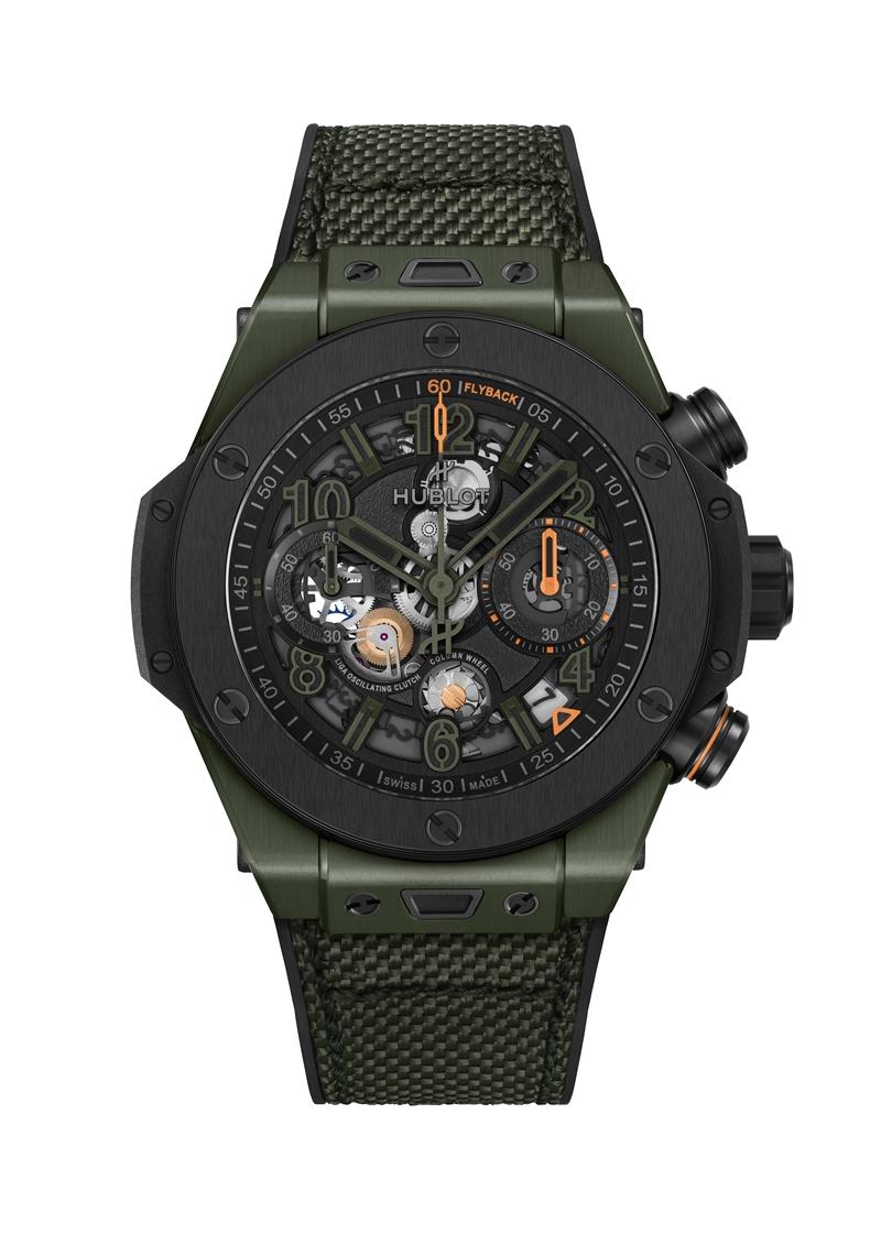 Hublot Big Bang Reloaded綠陶瓷計時碼錶，搭載MHUB1280 UNICO自製自動上鍊飛返計時機芯，綠色陶瓷與黑陶瓷錶殼，時間與計時顯示，錶徑44mm，防水深度100米，約746,000元。（Hublot提供）