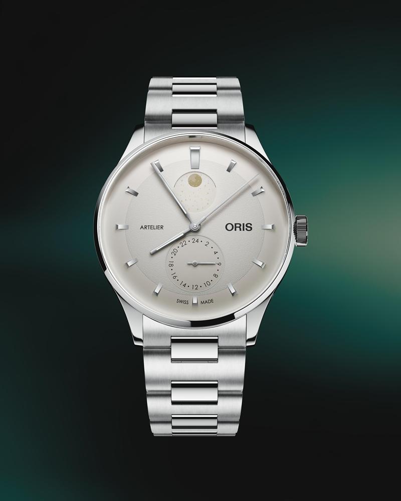 Oris Artelier雙時區月相腕錶（象牙白），搭載Calibre 782自動上鍊機芯，不鏽鋼錶殼，月相與第二時區顯示，錶徑39.5mm，防水深度30米，約94,000元。（Oris提供）