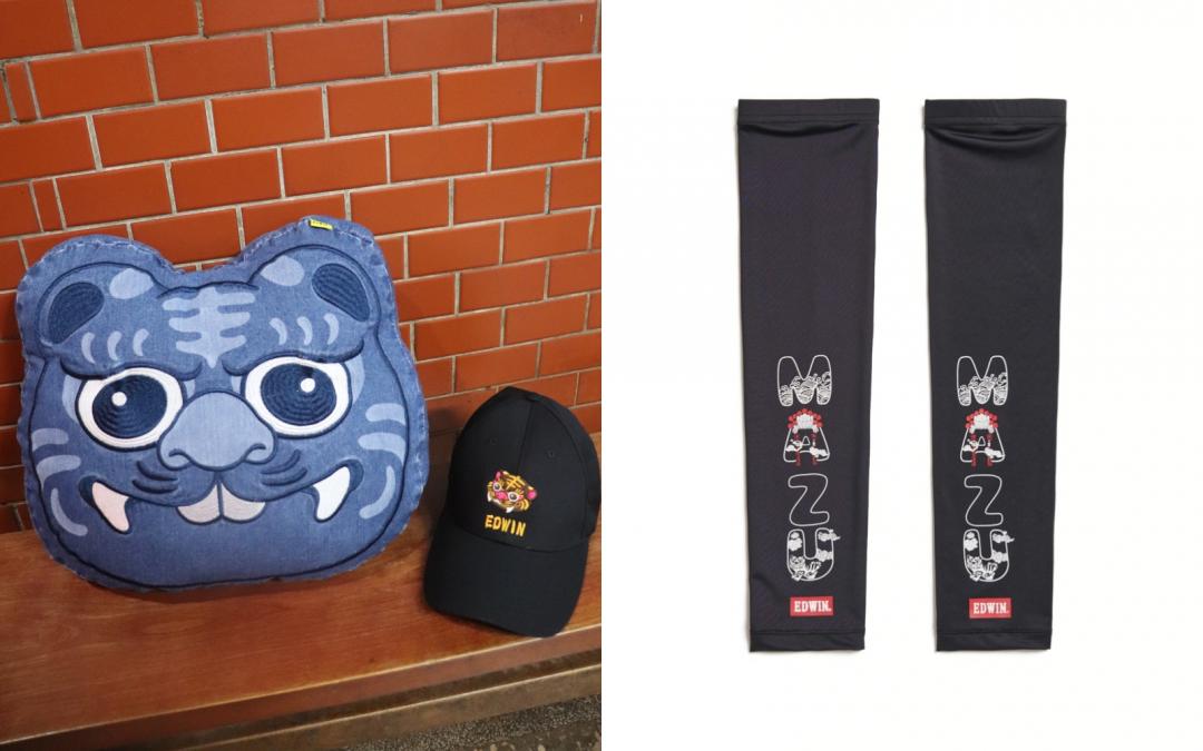 （左起）白沙屯虎哩靠枕（NT$1,690）、白沙屯墨鏡插口棒球帽（NT$980）、白沙屯左右護法袖套組（NT$699）。