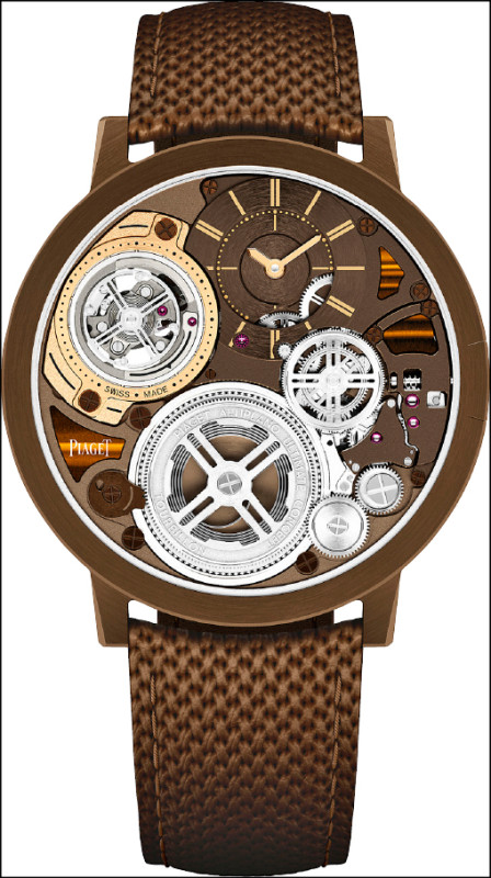 PIAGET Altiplano Ultimate Concept系列礦棕色虎眼石面盤手動上鍊超薄陀飛輪腕錶，搭載970P-UC手動上鍊超薄陀飛輪機芯，錶徑41.5mm，價格店洽。