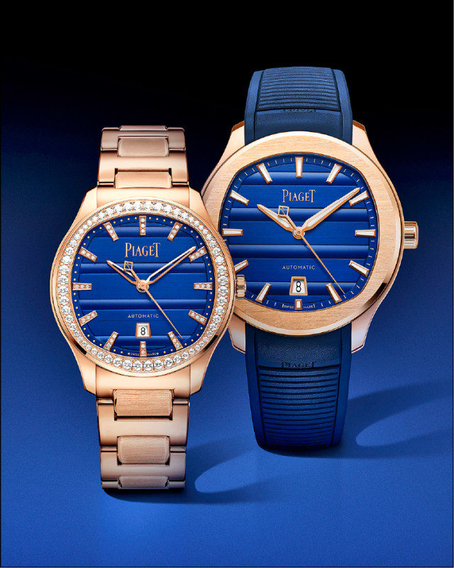 PIAGET Polo Signature系列伯爵藍色面盤腕錶，搭載500P1自動上鍊機芯，18K玫瑰金錶殼，錶徑36mm，價格店洽（圖左）；搭載1110P自動上鍊機械機芯，18K玫瑰金錶殼，錶徑42mm，價格店洽（圖右）。