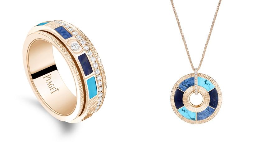 伯爵Possession Vibrant Palace系列18K玫瑰金彩色寶石鑽石戒指、項鍊。(Piaget提供)