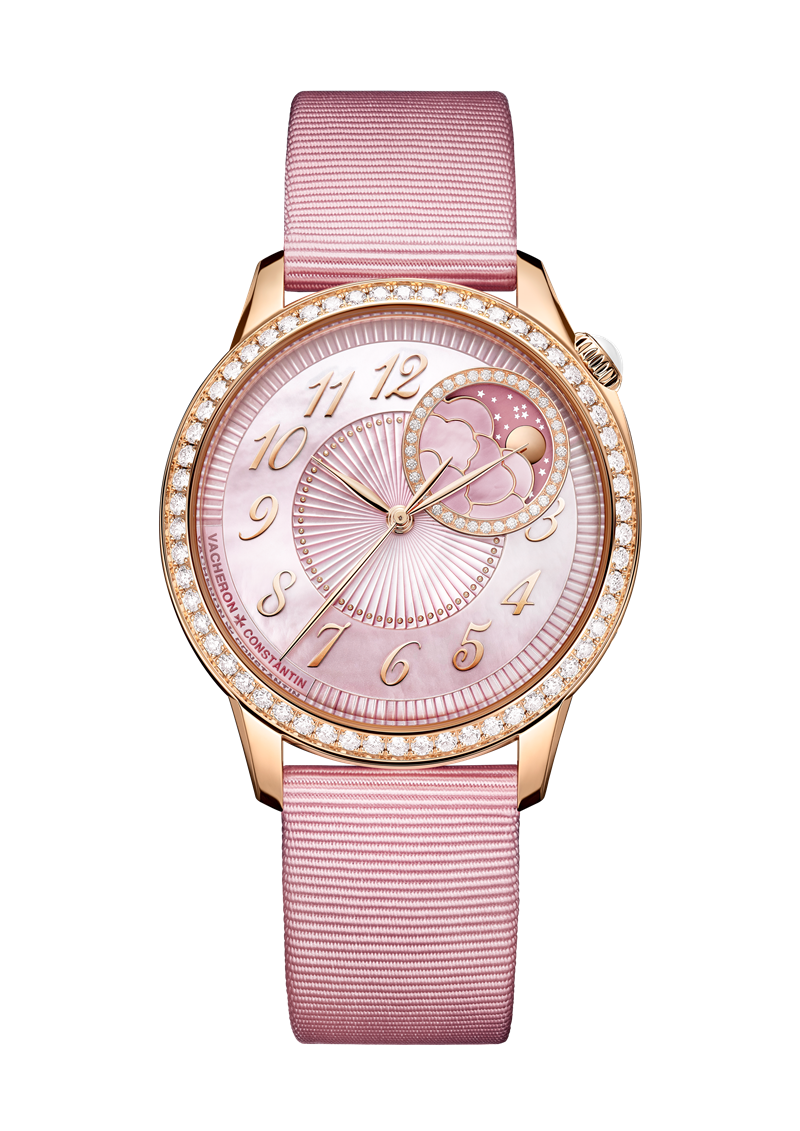 Égérie月相Spring Blossom腕錶，搭載品牌自製自動上鍊機芯，18K粉紅金錶殼，鑲鑽錶圈，粉色珍珠貝母錶盤，月相顯示，錶徑37mm，限量100只。（Vacheron Constantin提供）