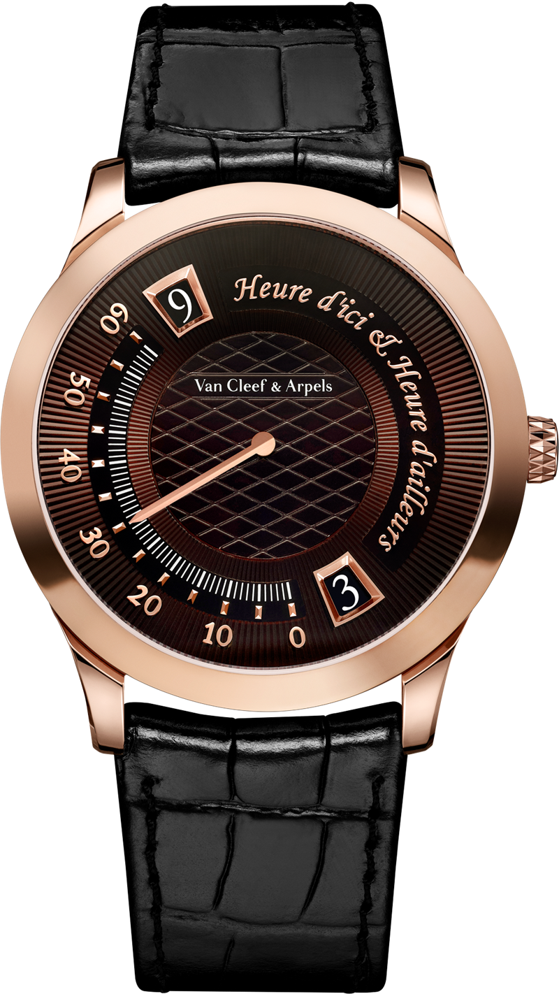 Midnight Heure d’ici & Heure d’ailleurs腕錶，搭載自動上鍊機械機芯，具雙時區顯示、跳動小時與逆跳分針功能，玫瑰金錶殼搭配琺瑯錶盤，時間顯示。（Van Cleef & Arpels提供）