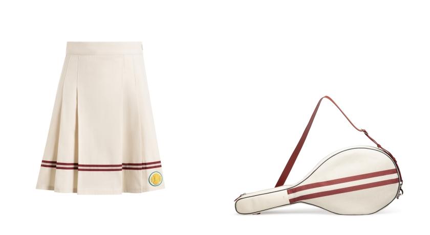 （左起）TENNIS網球短裙（NT$19,800）、TENNIS網球拍袋（NT$52,800）。