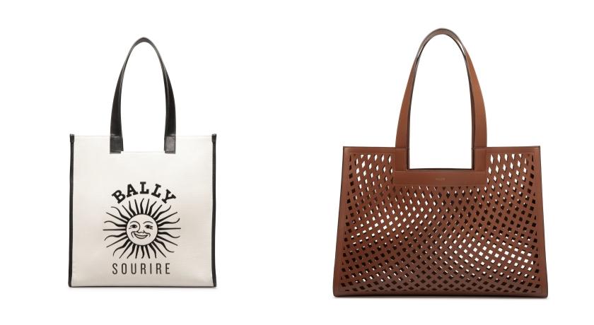 EASY BALLY（左起）微笑太陽直式托特包（NT$32,800）、橫式大托特包（NT$64,800）。