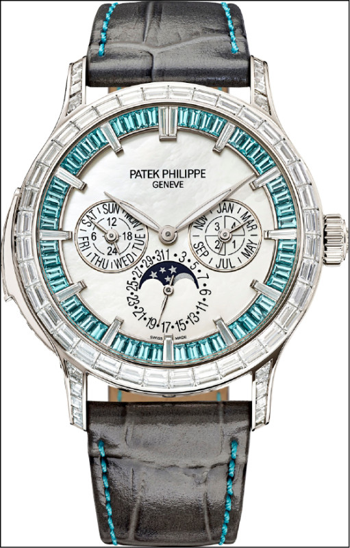 5374/400P-001三問萬年曆珠寶腕錶，搭載R 27 Q自動上鍊機芯，三問報時、萬年曆、月相顯示，防水深度30米，限量8只，僅於百達翡麗salon販售7只，各141,127,000元。