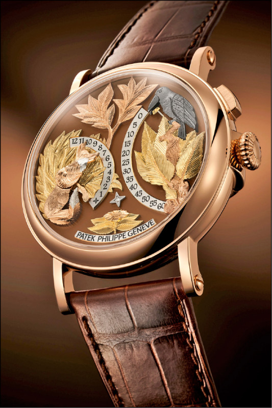 5249R-001自動玩偶腕錶，搭載31-260 PS HMD AU自動上鍊機芯，18K玫瑰金錶殼，立體雕刻面盤，按需顯示時間功能，錶徑約43mm，12,545,000元。