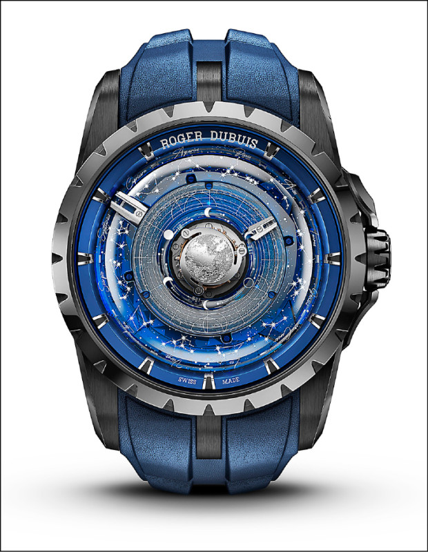 Roger Dubuis Excalibur王者系列機械之心中置陀飛輪訂製腕錶，搭載自製手動上鍊機芯，鈦金屬錶殼搭配午夜藍小牛皮錶帶，錶徑45mm，10,715,500元。