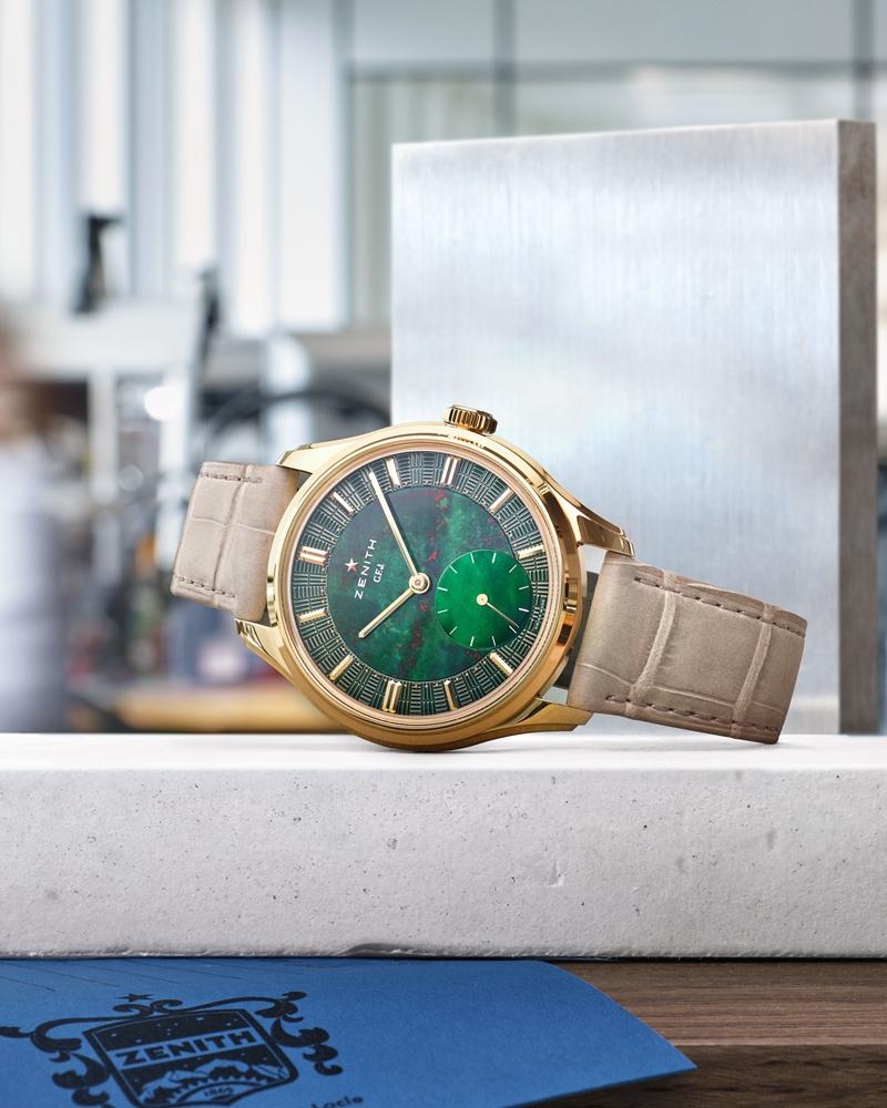 GFJ系列黃金自動上鍊腕錶，搭載135型機芯手上鍊機芯，18K黃金錶殼，天然綠色血石錶盤，母貝小秒盤顯示，搭配皮革錶帶，錶徑39.15mm，防水深度50米，1,779,800元。（ZENITH提供）