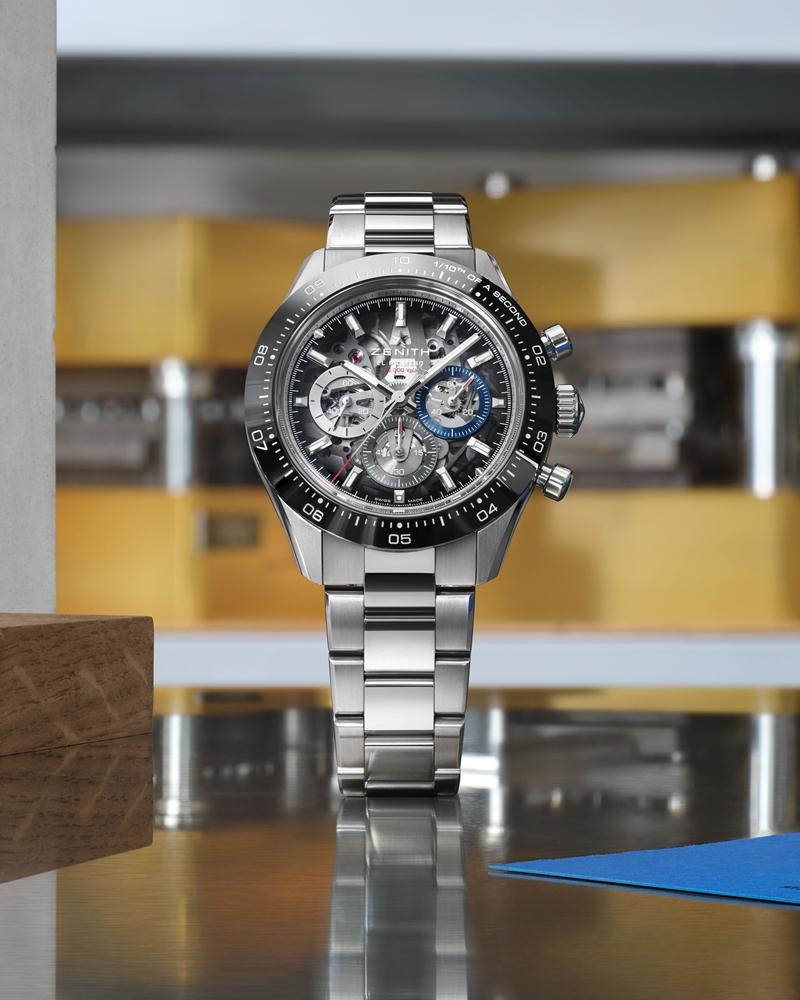 Chronomaster Sport精鋼自動計時腕錶，搭載El Primero 3600自動上鍊計時機芯，精鋼錶殼與鍊帶，黑色陶瓷錶圈，計時功能，1/10秒顯示，錶徑41mm，防水深度100米，542,300元。（ZENITH提供）