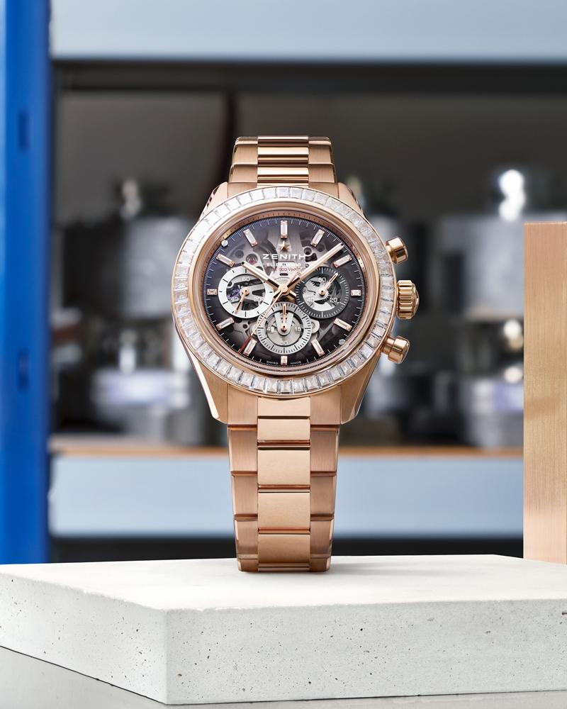 Chronomaster Sport Skeleton鏤空運動腕錶，搭載El Primero 3600自動上鍊計時機芯，18K玫瑰金錶殼與鍊帶，鑲嵌長方形切割鑽石錶圈，計時功能，1/10秒顯示，錶徑41mm，防水深度100米，3,599,600元。（ZENITH提供）