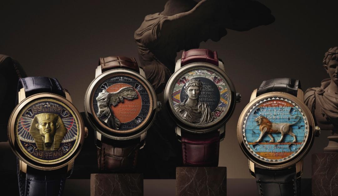 江詩丹頓與羅浮宮攜手打造Métiers d’Art藝術大師系列Tribute to great civilisations腕錶，左起為Grand sphinx de Tanis獅身人面像腕錶、Victoire de Samothrace勝利女神腕錶、Buste d’Auguste奧古斯都半身像腕錶、Lion de Darius大流士雄獅腕錶。
