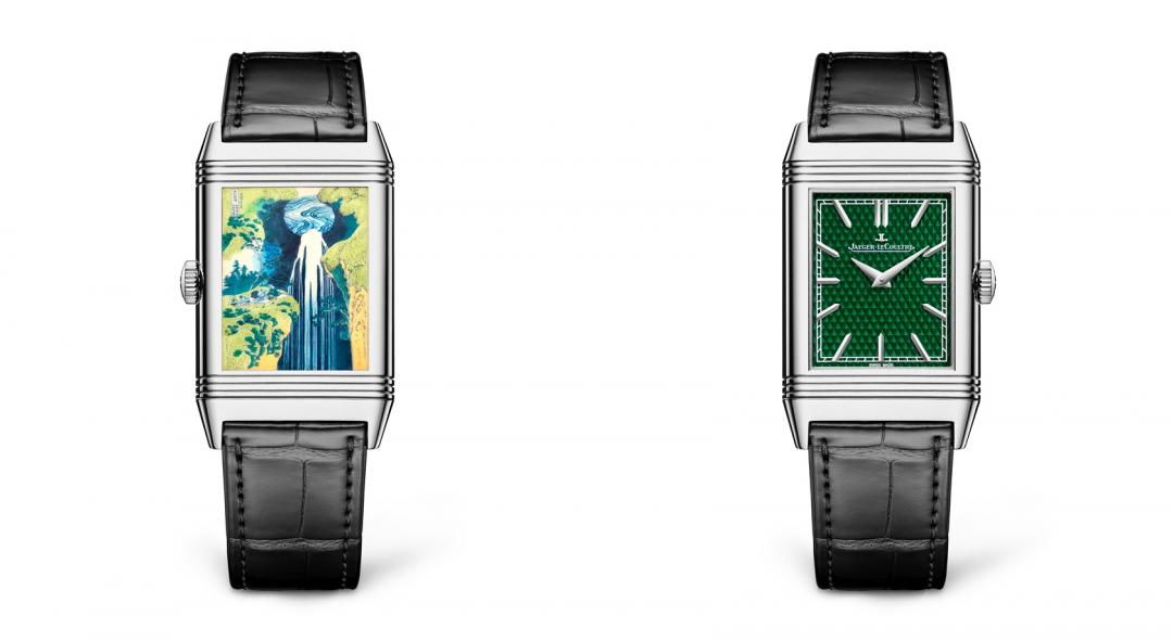 Reverso Tribute Enamel Hokusai翻轉系列琺瑯腕錶 ，《木曾路深處阿彌陀佛之瀑布》。