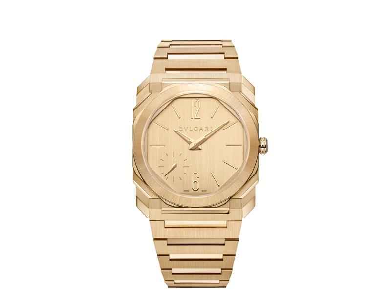 Octo Finissimo Automatic 37超薄緞面拋光黃K金自動腕錶，搭載BVF100自動上鍊機芯，黃K金錶殼與鍊帶，金色錶盤，時、分顯示，小秒盤，錶徑37mm，防水深度30米，價格店洽。（BVLGARI提供）