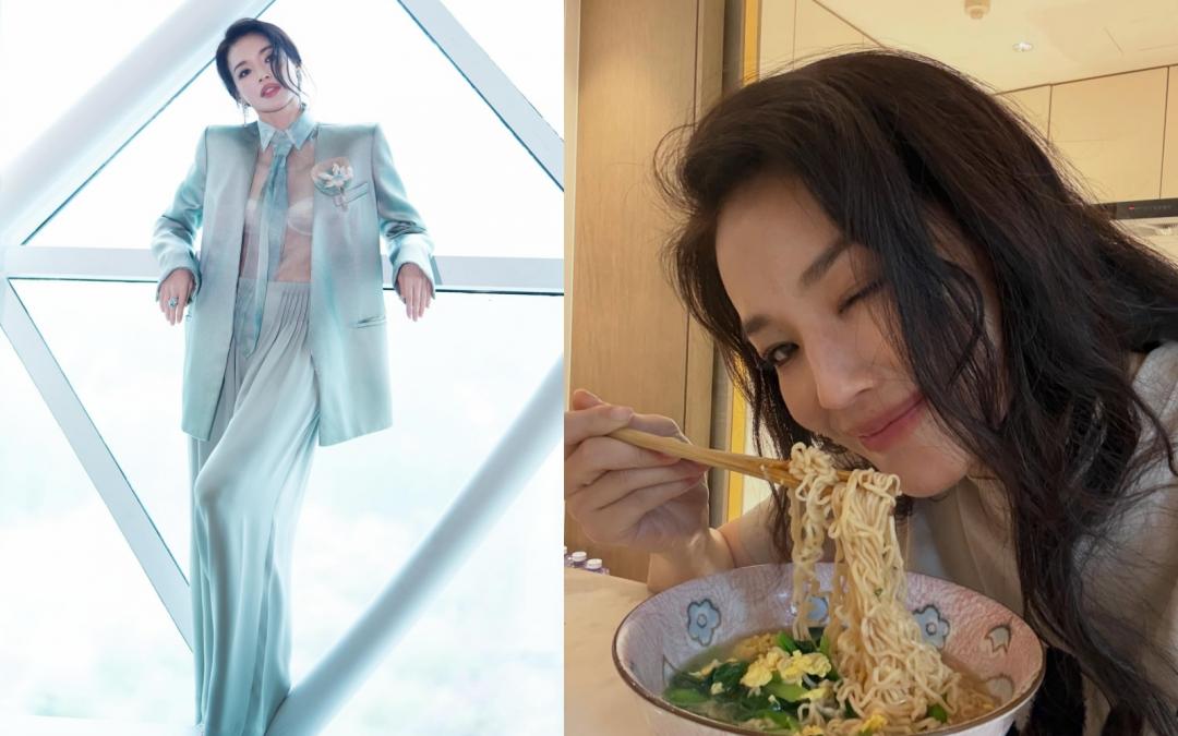 舒淇如今的身材依舊維持的很少女，收工後還有本錢大嗑壽麵，盡情享受美食。