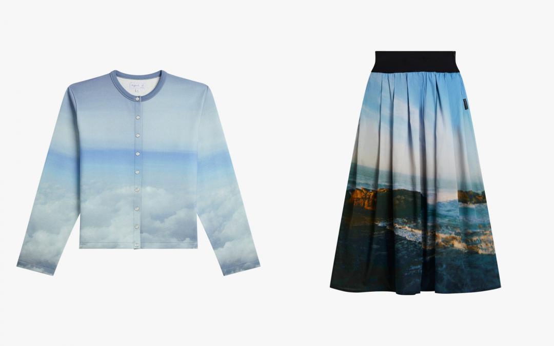 （左起）Moins de Pressions印花開襟外套（NT$12,580）、Grand Hotel Photoprint半裙（NT$17,580）。