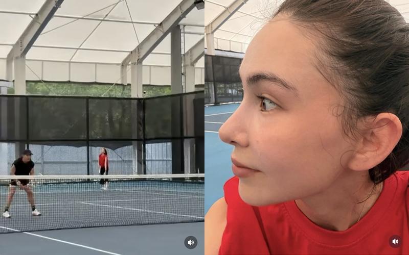 昆凌素顏現身網球場，無袖背心造型展現纖細體態，近距離畫面可見清透膚質，運動後依然維持自然好狀態。（翻攝自instagram）