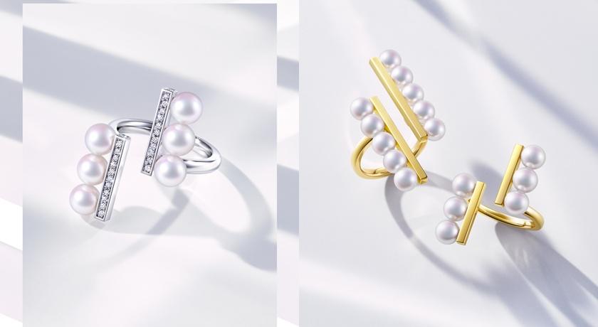 TASAKI balance parallel neo 18K白金阿古屋珍珠鑽石戒指245,000元、balance parallel neo 18K黃金阿古屋珍珠戒指163,000元。