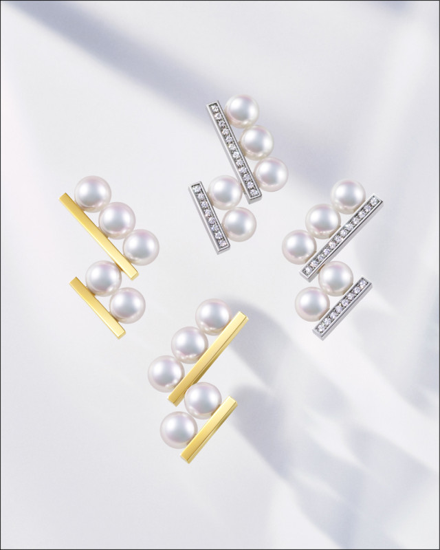 TASAKI balance step neo系列18K黃金阿古屋珍珠耳環，成對193,000元（圖左）；18K白金阿古屋珍珠鑽石耳環，成對338,000元（圖右）。