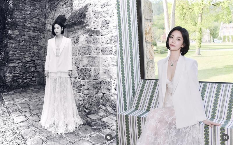 宋慧喬選穿透膚蕾絲打造的西服裙裝，展現性感又霸氣的時尚態度。（翻攝自instagram）