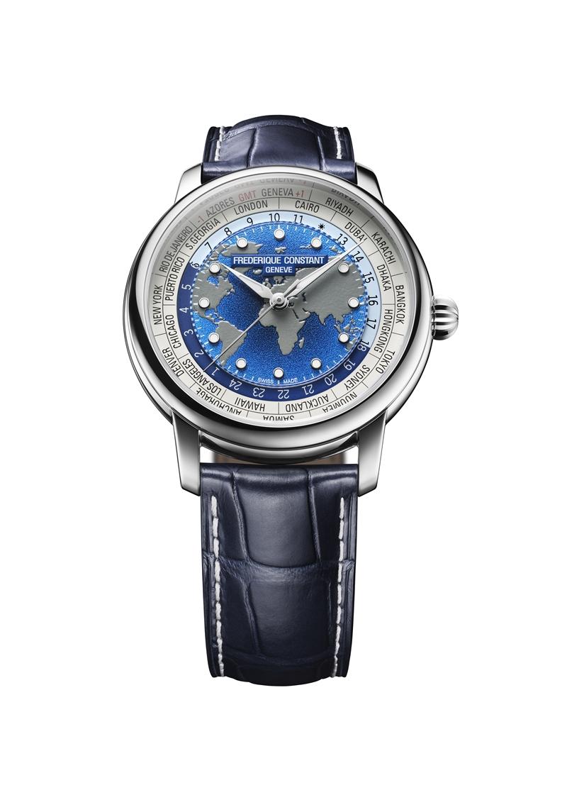 Classic Worldtimer Manufacture世界時區腕錶，搭載FC-719自製自動上鍊機芯，不鏽鋼材質，藍色世界地圖錶盤，24時區顯示，鱷魚皮錶帶，動力儲存72小時。（Frederique Constant提供）