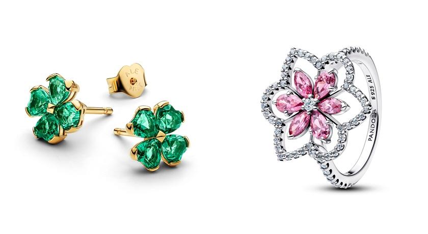 璀璨幸運草耳環5,580元、雙層花語雞尾酒戒指5,280元。