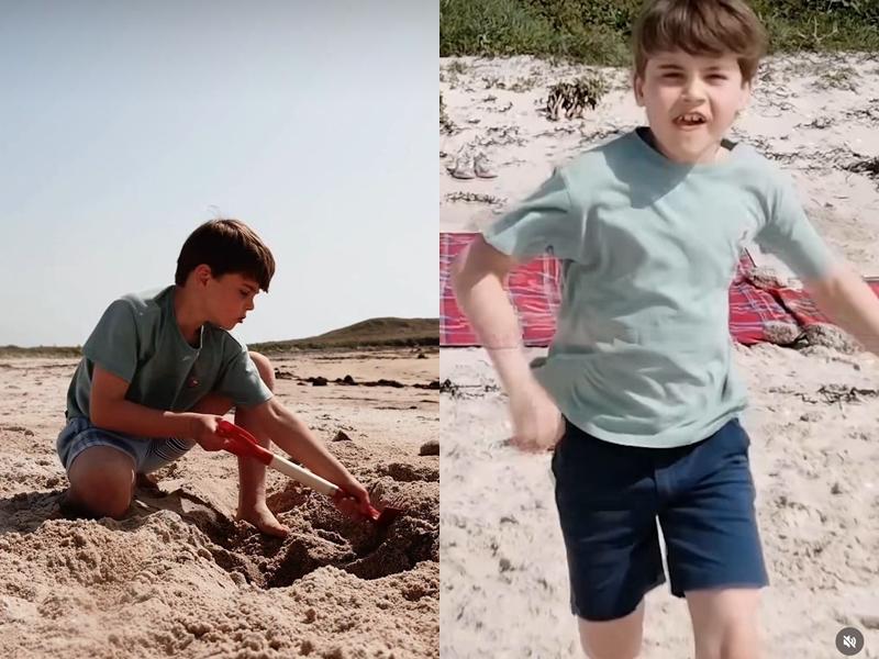 令一段慶生影片，路易身穿素色棉質T恤搭配深藍短褲，以輕鬆自然的童裝穿搭呼應王室近年強調的生活感與去精品化風格。（翻攝自instagram）