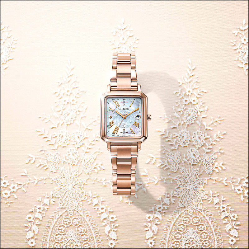 光動能全球電波時計錶款ES9506-54N，以蕾絲花朵突顯細緻優雅，台灣限定100只，每只43,900元。
