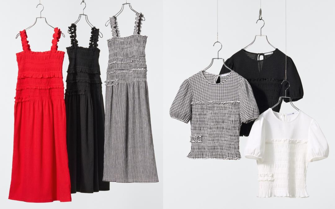 （左起）無袖壓褶洋裝（NT$1,490）、短袖壓褶蓬袖T恤（NT$790）。