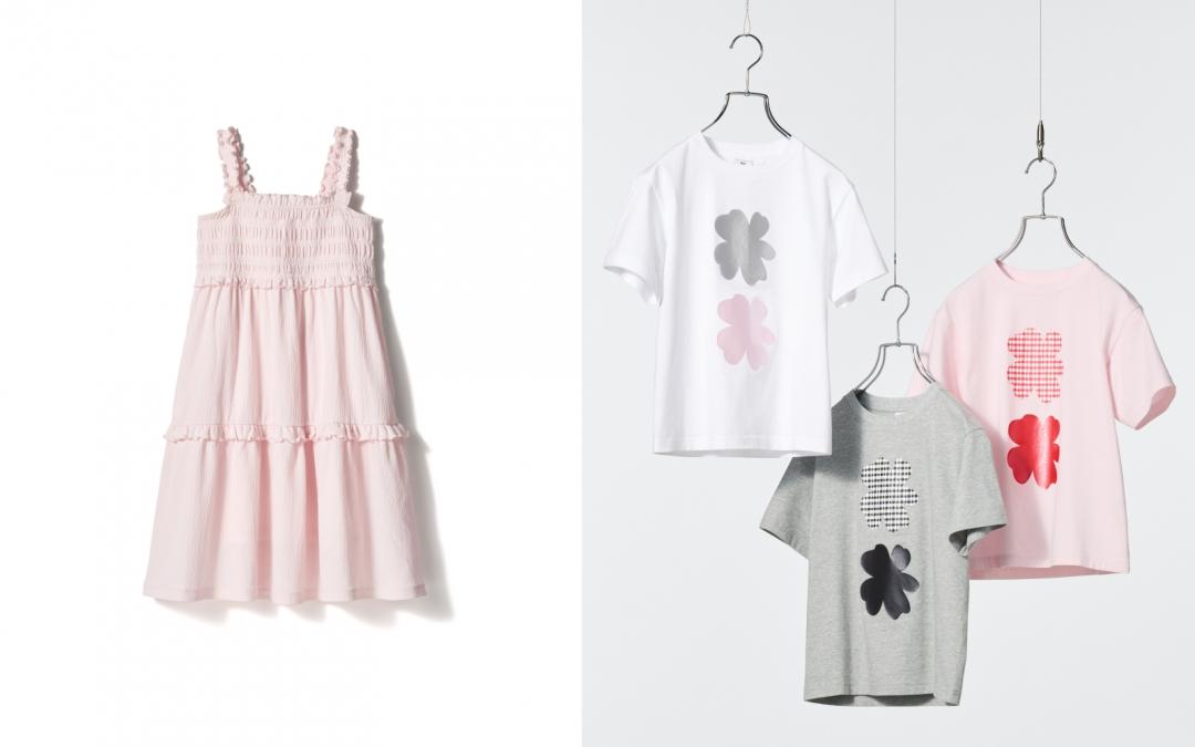 女童（左起）無袖壓褶洋裝（NT$990）、短袖印花T恤（NT$390）。