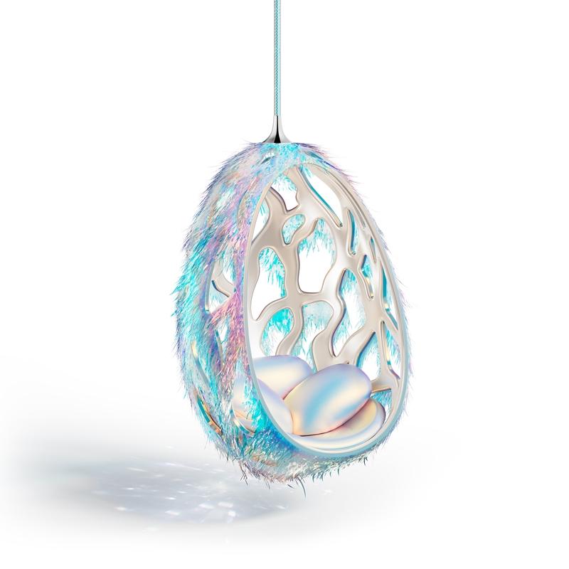 Cocoon吊椅，以虹彩材質與有機輪廓構築未來感造型，結合舒適機能與藝術設計。（Louis Vuitton提供）