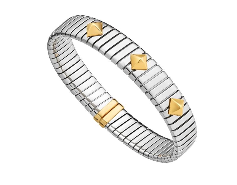 Tubogas黃K金與精鋼鉚釘手環。（BVLGARI提供）