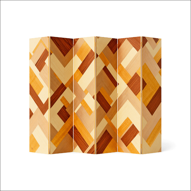 Louis Vuitton木質幾何拼接屏風，突顯裝飾藝術語彙與工藝。