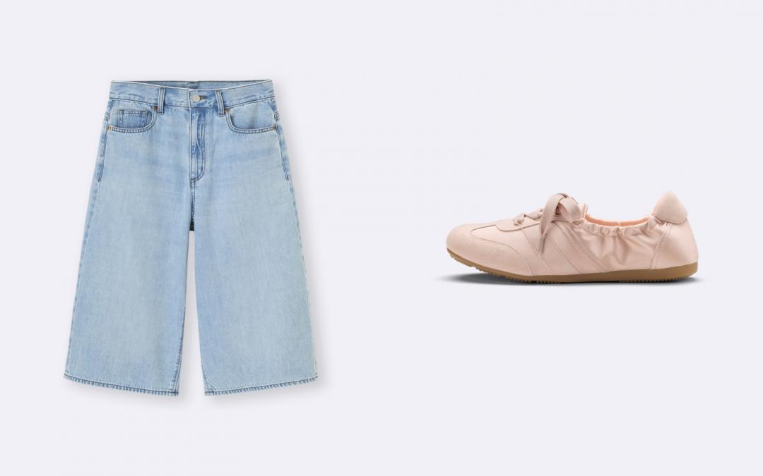 （左起）Jorts牛仔短褲，限定優惠價NT$590元，原價NT$690元；抓褶芭蕾運動鞋，限定優惠價NT$690元，原價NT$790元。