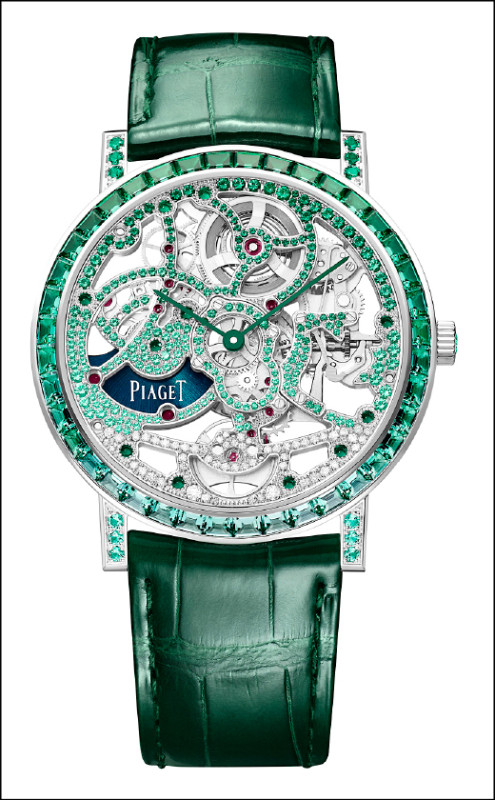 伯爵多款腕錶作品同步登場，Altiplano系列18K白金祖母綠鏤空自動上鍊腕錶，鑽石和祖母綠點綴鏤空錶盤和錶殼，搭載伯爵自製1200D1超薄自動上鍊機芯。