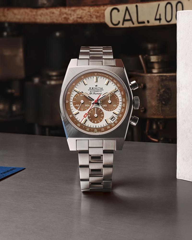 CHRONOMASTER Revival A384熱帶面復刻腕錶，搭載El Primero 400自動上鍊計時機芯，精鋼材質，時、分顯示，小秒針與日期窗，具中央計時指針、30分鐘與12小時計時盤，錶徑37mm，防水深度50米，約323,900元。（ZENITH提供）