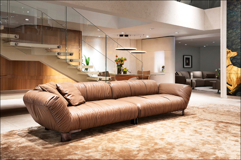 NATUZZI Caleo系列沙發，流動的有機線條搭配金屬細節，整體輪廓既穩重又輕盈。